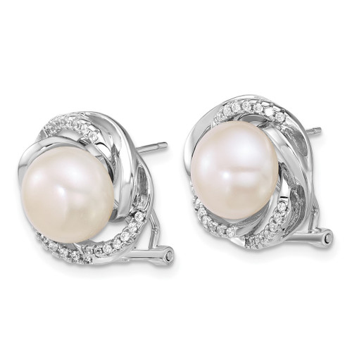 Sterling Silver Rhodium-Plated 9-10 mm Button White Cultured Freshwater Pearl and Cubic Zirconia Omega Back Stud Earrings, 15.8 mm Long - View 2
