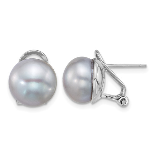 Sterling Silver Rhodium-Plated 11-12 mm Button Grey Cultured Freshwater Pearl Omega Back Stud Earrings
