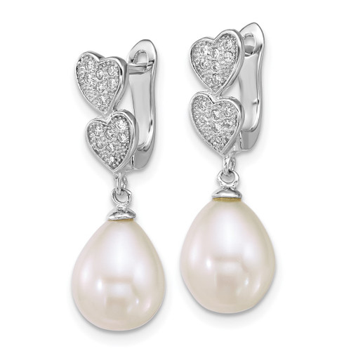 Sterling Silver Rhodium-Plated 7-9 mm Teardrop White Cultured Freshwater Pearl and Cubic Zirconia Hearts Dangle Earrings, 26.85 mm Long - View 2