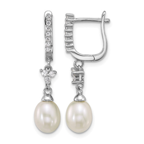 Sterling Silver Rhodium-Plated 6-7 mm Teardrop White Cultured Freshwater Pearl and Cubic Zirconia Dangle Hoop Earrings, 32.1 mm Long