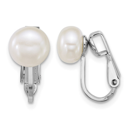 Sterling Silver Rhodium-Plated 7-8 mm Button White Cultured Freshwater Pearl Non-Pierced Stud Earrings, 17.4 mm Long