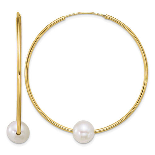 Sterling Silver Gold-Tone 8-9 mm Semi-Round White Cultured Freshwater Pearl 50 mm Endless Hoop Earrings, 43.5 mm Long