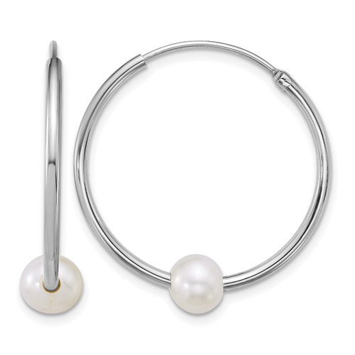 Sterling Silver Rhodium-Plated 7-8 mm Semi-Round White Cultured Freshwater Pearl 30 mm Endless Hoop Earrings, 27.5 mm Long