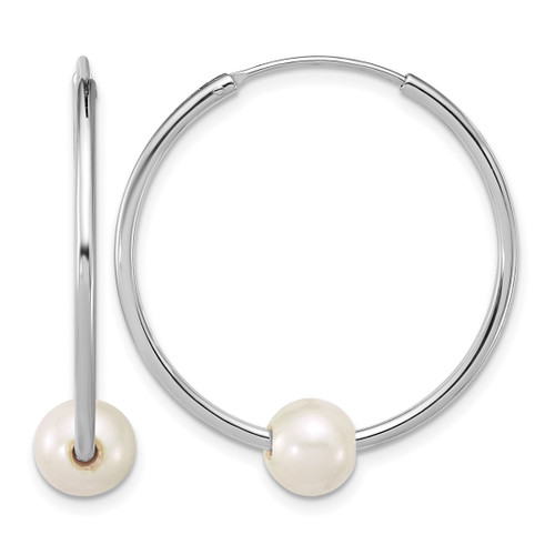 Sterling Silver Rhodium-Plated 7-8 mm Semi-Round White Cultured Freshwater Pearl 32 mm Endless Hoop Earrings, 32.4 mm Long