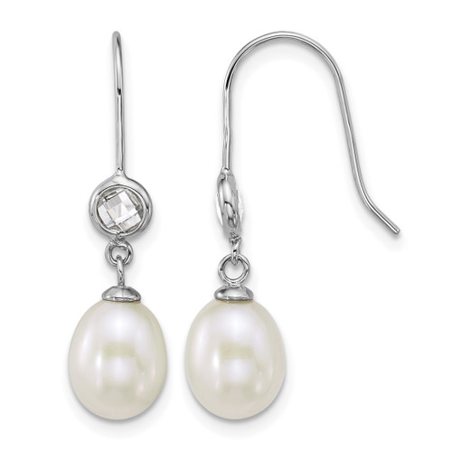 Sterling Silver Rhodium-Plated 6-7 mm Rice White Cultured Freshwater Pearl and Glass Stone Dangle Shepherd Hook Drop French Wire Earrings