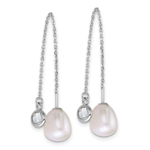 Sterling Silver Rhodium-Plated 6-8 mm Teardrop White Cultured Freshwater Pearl and Glass Stone Threader Dangle Earrings, 71 mm Long - View 2