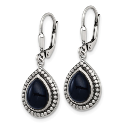 Sterling Silver Antiqued Onyx Teardrop Cabochon Leverback Dangle Earrings, 33.3 mm - View 2