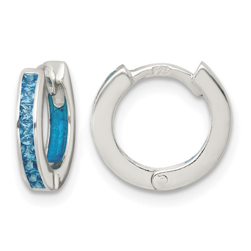Sterling Silver Polished Blue Cubic Zirconia and Blue Enamel In and Out 13 mm Hinged Round Hoop Earrings, 11.7 mm Long