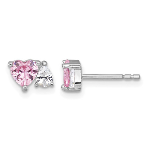 Sterling Silver Rhodium-Plated Polished Pink Heart and White Pear Cubic Zirconia Stud Earrings, 5.7 mm