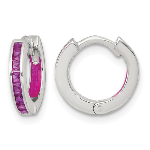 Sterling Silver Polished Pink Cubic Zirconia and Pink Enamel In and Out 13 mm Hinged Round Hoop Earrings, 11.8 mm Long