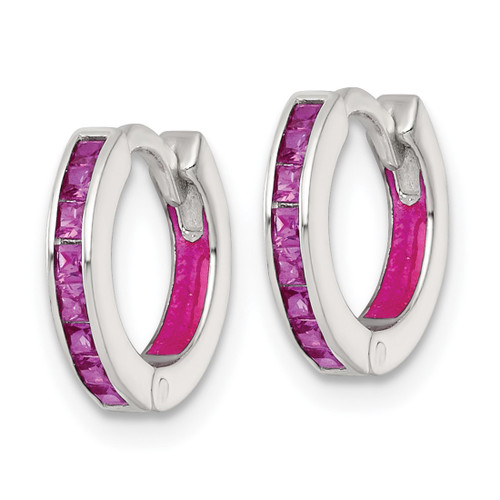 Sterling Silver Polished Pink Cubic Zirconia and Pink Enamel In and Out 13 mm Hinged Round Hoop Earrings, 11.8 mm Long - View 2
