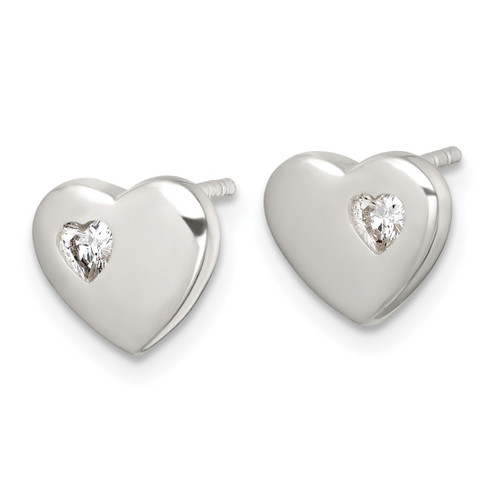 Sterling Silver Polished Cubic Zirconia Heart Stud Earrings, 8.5 mm - View 2