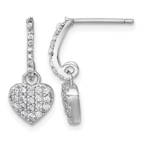 Sterling Silver Rhodium-Plated Polished Cubic Zirconia Heart Post Dangle Earrings, 20.1 mm