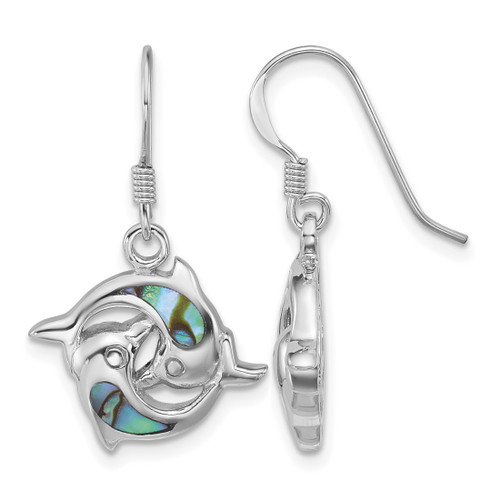 Sterling Silver Rhodium-Plated Polished Abalone Dolphins Dangle Shepherd Hook Drop French Wire Earrings, 28 mm
