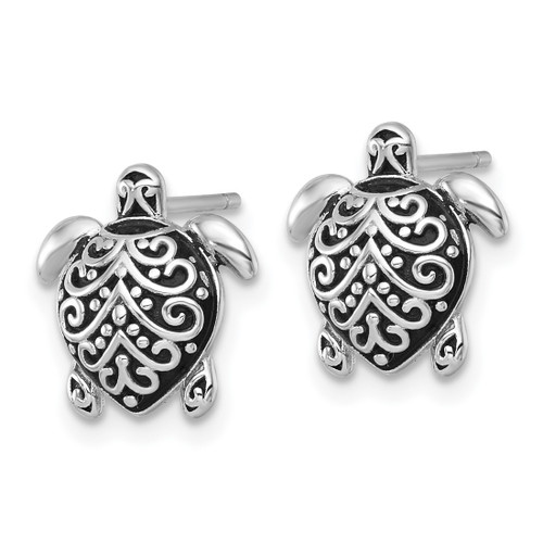 Rhodium-Plated Sterling Silver Polished and Oxidized Filigree Hollow Turtle Stud Earrings, 12.3 mm - View 2