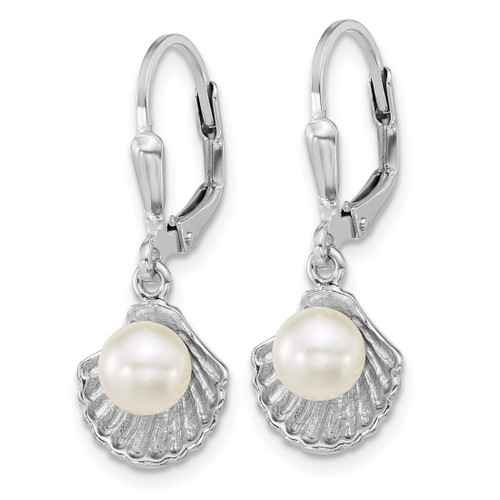 Sterling Silver Rhodium-Plated Polished Sea Shell and Acrylic Simulated Pearl Leverback Drop Earrings, 27.3 mm - View 2