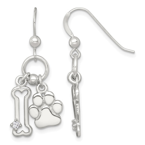 Sterling Silver Polished White Cubic Zirconia Bone and Paw Dangle Shepherd Hook Drop French Wire Earrings, 32.4 mm