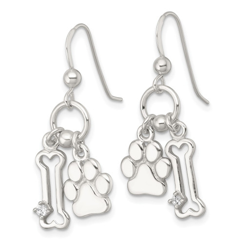 Sterling Silver Polished White Cubic Zirconia Bone and Paw Dangle Shepherd Hook Drop French Wire Earrings, 32.4 mm - View 2