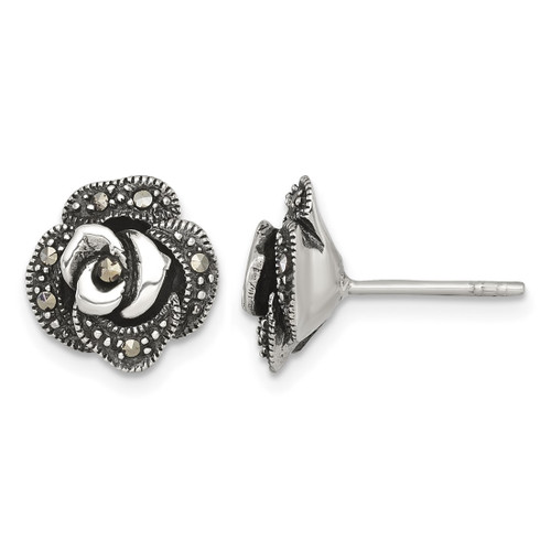 Sterling Silver Antiqued Marcasite Fancy Rose Stud Earrings, 11.6 mm