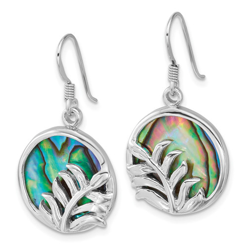 Sterling Silver Rhodium-Plated Polished Round Abalone with Leaves Dangle Shepherd Hook Drop French Wire Earrings, 32.6 mm - View 2