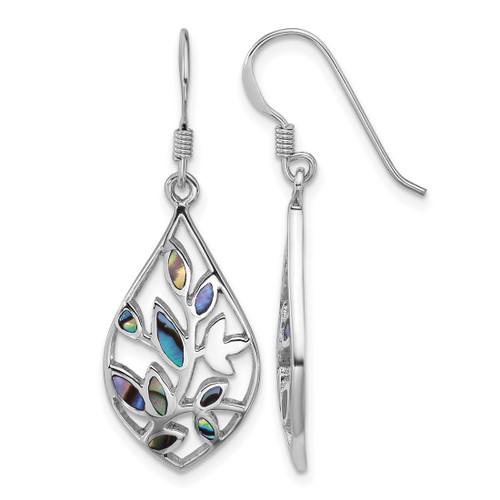 Sterling Silver Rhodium-Plated Polished Abalone Floral Dangle Shepherd Hook Drop French Wire Earrings, 36.3 mm