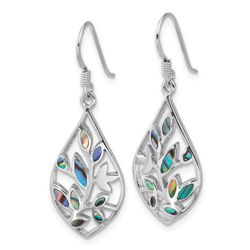 Sterling Silver Rhodium-Plated Polished Abalone Floral Dangle Shepherd Hook Drop French Wire Earrings, 36.3 mm - View 2