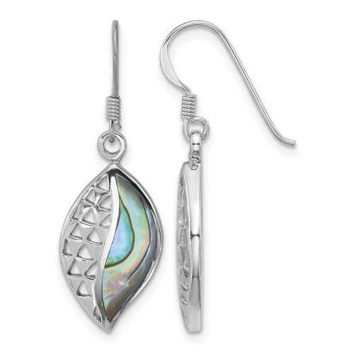Sterling Silver Rhodium-Plated Polished Abalone Leaf Dangle Shepherd Hook Drop French Wire Earrings, 34.4 mm