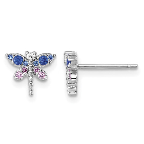 Sterling Silver Rhodium-Plated Cubic Zirconia and Lab-Created Corundum and Blue Glass Dragonfly Stud Earrings, 8 mm