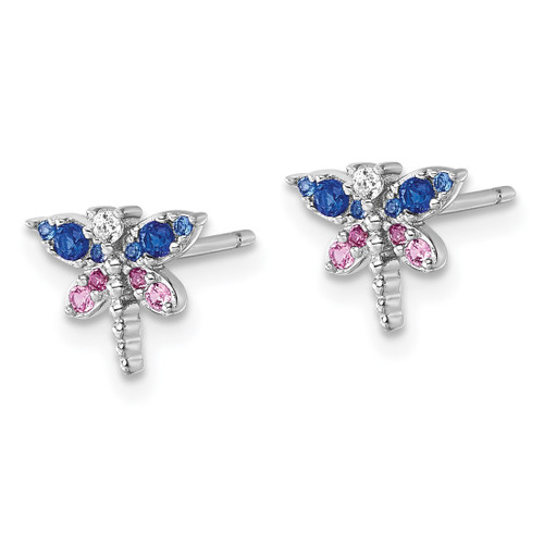 Sterling Silver Rhodium-Plated Cubic Zirconia and Lab-Created Corundum and Blue Glass Dragonfly Stud Earrings, 8 mm - View 2