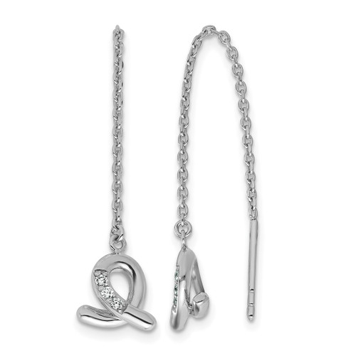 Sterling Silver Rhodium-Plated Cubic Zirconia Awareness Ribbon Dangle Threader Drop Earrings, 33.8 mm
