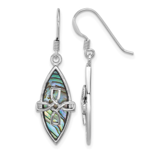 Sterling Silver Rhodium-Plated Polished Abalone Cross Dangle Shepherd Hook Drop French Wire Earrings, 37.2 mm