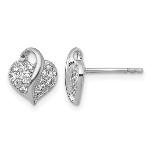 Sterling Silver Rhodium-Plated Polished Pave Cubic Zirconia Heart Stud Earrings, 9 mm