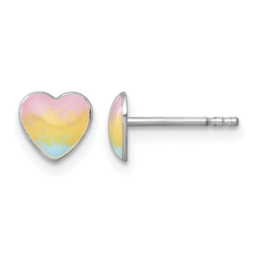 Sterling Silver Madi K Rhodium-Plated Enameled Pastel Rainbow Heart Stud Earrings, 6.2 mm