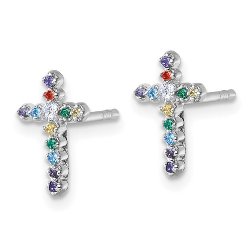 Sterling Silver Rhodium-Plated Polished Multi-Color Cubic Zirconia Cross Stud Earrings, 11.5 mm - View 2
