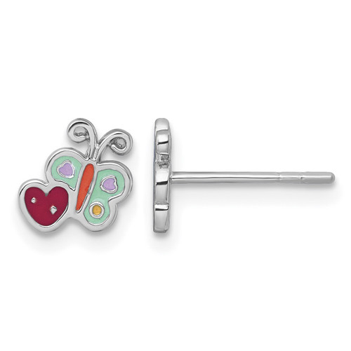 Sterling Silver Rhodium-Plated Polished Green/Yellow/Orange/Red Enamel Butterfly And Heart Children'S Stud Earrings, 7.6 mm