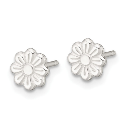 Rhodium-Plated Sterling Silver Polished and Grooved Flower Petite Stud Earrings, 7.5 mm - View 2