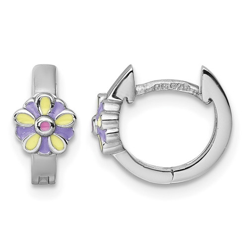 Sterling Silver Rhodium-Plated Children'S Purple, Yellow and Pink Enamel Flower Hinged Hoop Earrings, 11 mm
