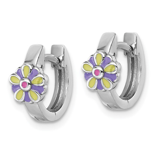 Sterling Silver Rhodium-Plated Children'S Purple, Yellow and Pink Enamel Flower Hinged Hoop Earrings, 11 mm - View 2