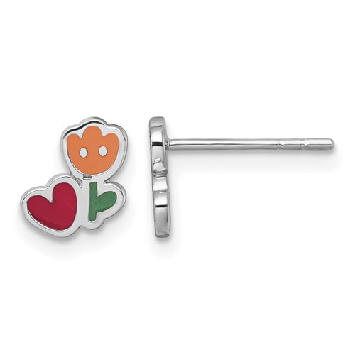 Sterling Silver Rhodium-Plated Polished Orange/Red/Green Enamel Flower With Heart PetitebStud Stud Earrings, 8 mm