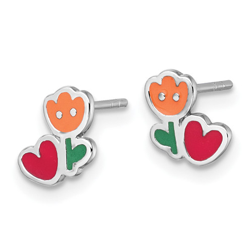 Sterling Silver Rhodium-Plated Polished Orange/Red/Green Enamel Flower With Heart PetitebStud Stud Earrings, 8 mm - View 2