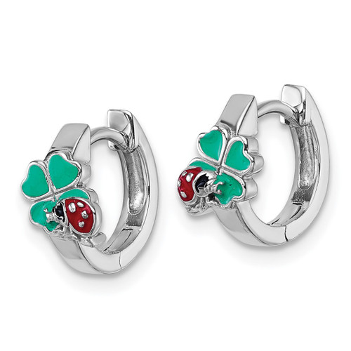 Sterling Silver Rhodium-Plated Enameled Ladybug and 4-Leaf Clover Hinged Hoop Earrings, 10.8 mm - View 2