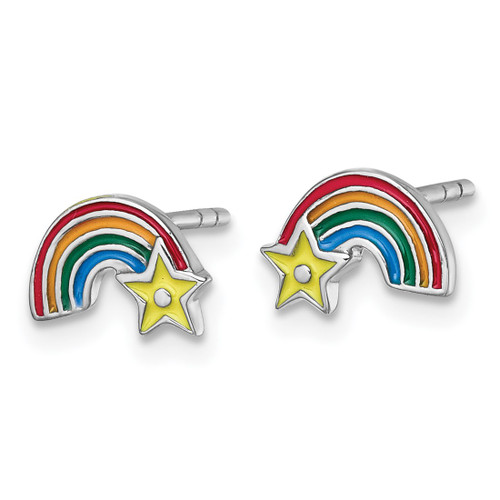 Sterling Silver Rhodium-Plated Children'S Multicolor Enamel Rainbow with Star Stud Earrings, 5.9 mm - View 2