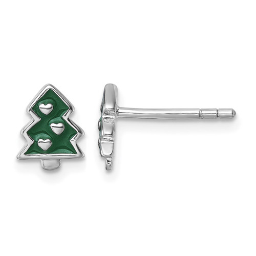 Sterling Silver Rhodium-Plated Green Enamel with Polished Hearts Christmas Tree Petite Stud Earrings, 7.9 mm