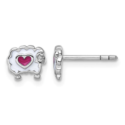 Sterling Silver Rhodium-Plated Enameled White Sheep with Pink Heart Petite Stud Earrings, 6.2 mm