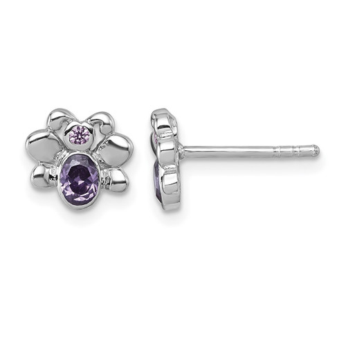 Sterling Silver Rhodium-Plated Polished Pink and Purple Cubic Zirconia Butterfly Petite Stud Earrings, 8.13 mm