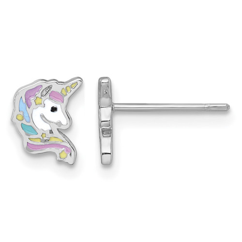 Sterling Silver Rhodium-Plated Polished White and Rainbow Enamel Unicorn Head Petite Stud Earrings, 8 mm