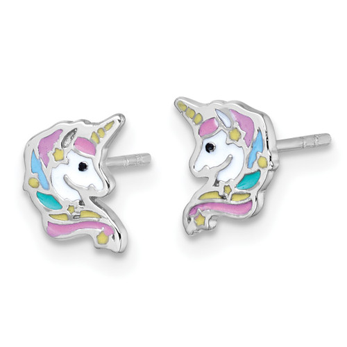 Sterling Silver Rhodium-Plated Polished White and Rainbow Enamel Unicorn Head Petite Stud Earrings, 8 mm - View 2