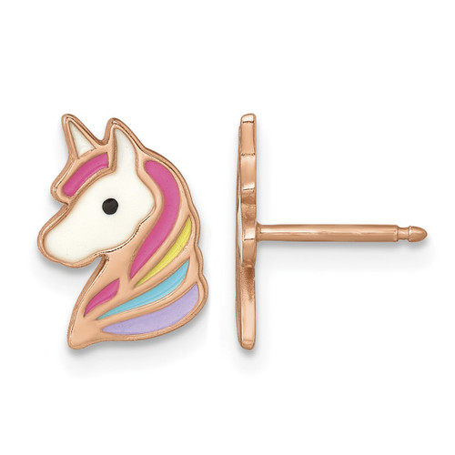 Sterling Silver Rose Gold-Tone Polished White and Rainbow Enameled Unicorn Stud Earrings, 11 mm
