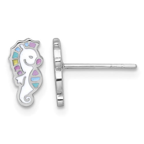 Sterling Silver Rhodium-Plated Polished White and Rainbow Enamel Seahorse Petite Stud Earrings, 9.5 mm