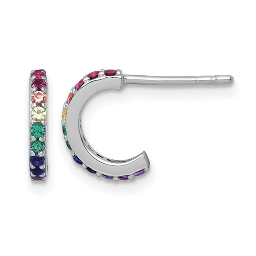 Sterling Silver Rhodium-Plated Polished Rainbow Nano Crystals J-Hoop Post Earrings, 10 mm